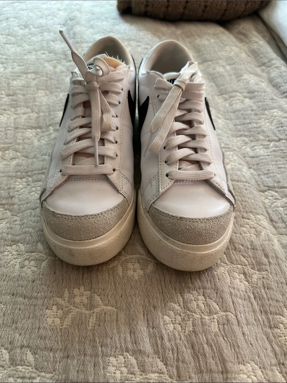 Nike Women’s White Leather Platform Sneakers with Black Swoosh